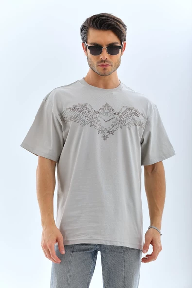 Unisex Oversize Taşlı Bisiklet Yaka T-Shirt - Gri - 6