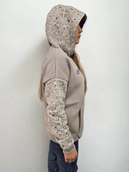 Kadın Baskılı Kapüşonlu Sweatshirt - Gri - 4