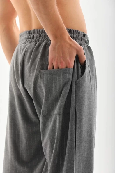 Unisex Çizgili Eşofman Altı - Füme - 3