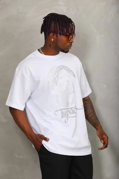 Unisex Oversize Taşlı Bisiklet Yaka T-Shirt - Beyaz - 2