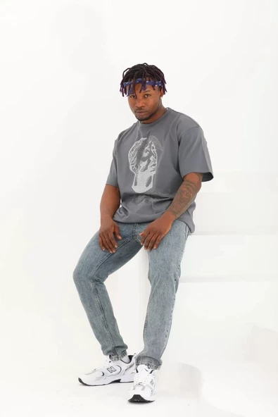 Unisex Oversize Taşlı Bisiklet Yaka T-Shirt - Füme - 4