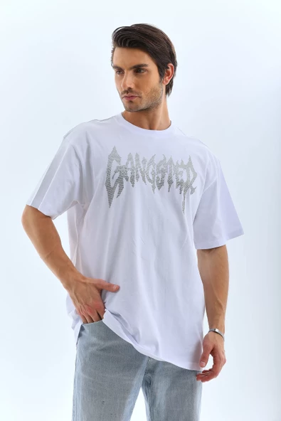 Unisex Oversize Taşlı Bisiklet Yaka T-Shirt - Beyaz - 5