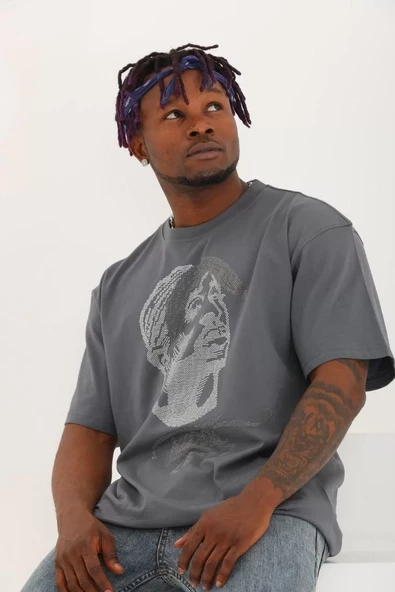 Unisex Oversize Taşlı Bisiklet Yaka T-Shirt - Füme - 2