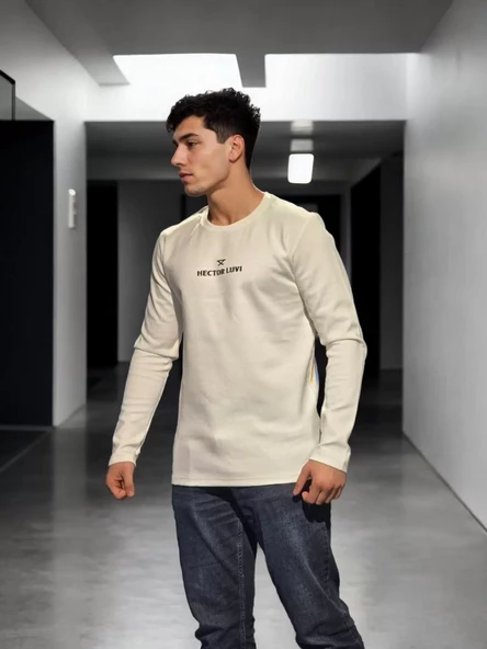 Unisex Bisiklet Yaka Uzun Kollu T-Shirt - Beyaz - 2