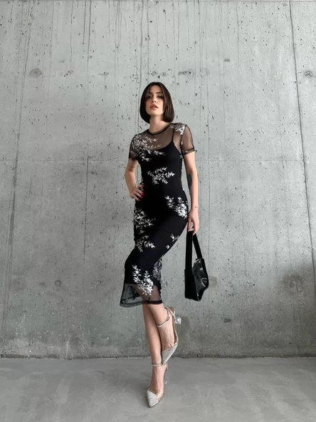 Kadın Baskılı Şifon Kimono Elbise - Siyah - 8