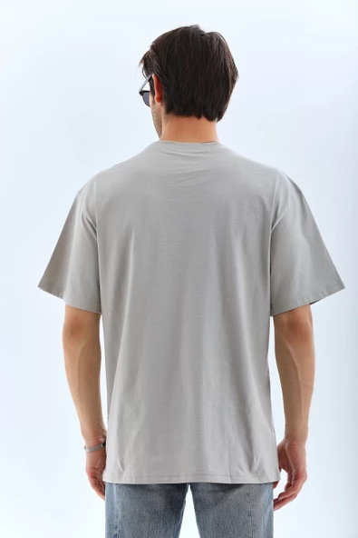 Unisex Oversize Taşlı Bisiklet Yaka T-Shirt - Gri - 2