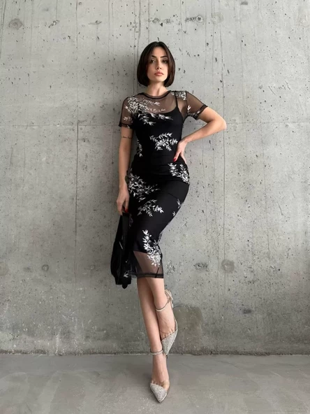 Kadın Baskılı Şifon Kimono Elbise - Siyah - 6