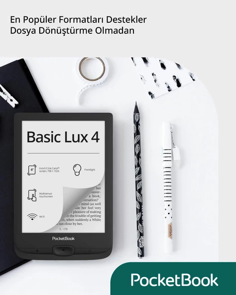 PocketBook Basic Lux 4 E-Kitap Okuyucu | 6ʺ E-Ink Teknolojisi | Siyah