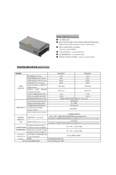 Mt-600-12 12v 50a Switch Mode Ac/dc Metal Kasa Adaptör - Resim 2