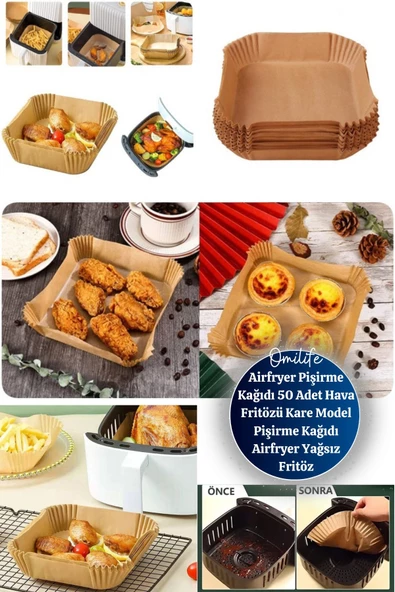 Airfryer Pişirme Kağıdı 50 Adet Hava Fritözü Kare Model Pişirme Kağıdı Airfryer Yağsız Fritöz