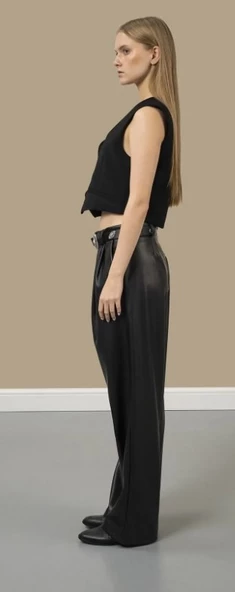 Newmission New Mission Siyah Yüksek Bel Deri Palazzo Pantolon - 2