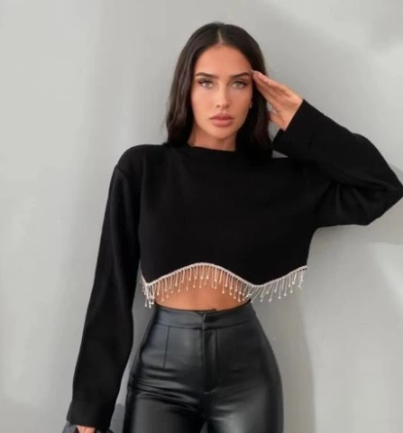 LB Kadın Siyah Beli Zincir Ve Taş Detaylı Crop Triko Kazak Bluz