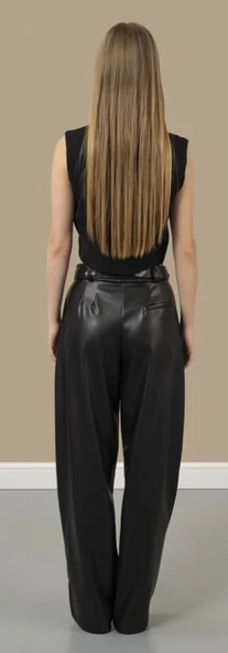 Newmission New Mission Siyah Yüksek Bel Deri Palazzo Pantolon - 3