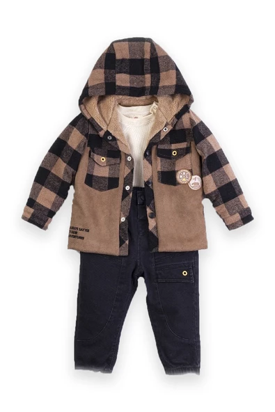 Erkek Bebek Kapşonlu İçi Polar Ceketli 3'lü Takım - 5