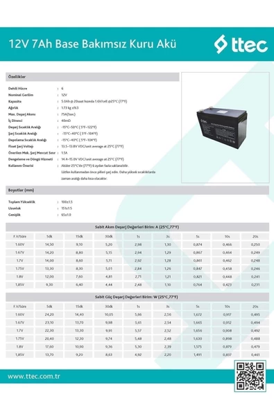 Ttec 12v 7ah- Bakımsız Kuru Akü 04/2024 Üretim 12 Volt 7 Amper - 2