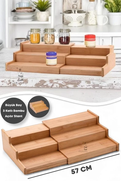 3 Katlı Açılır Büyük Boy Bambu Stand Organizer, Tezgahüstü Baharatlık Düzenleyici Mutfak Rafı 57cm