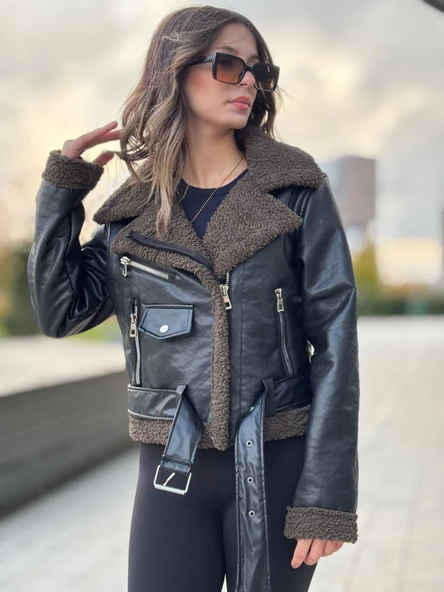 İÇİ KOMPLE KÜRKLÜ LAMİNE DERİ KRUVAZE KADIN MONT - 22