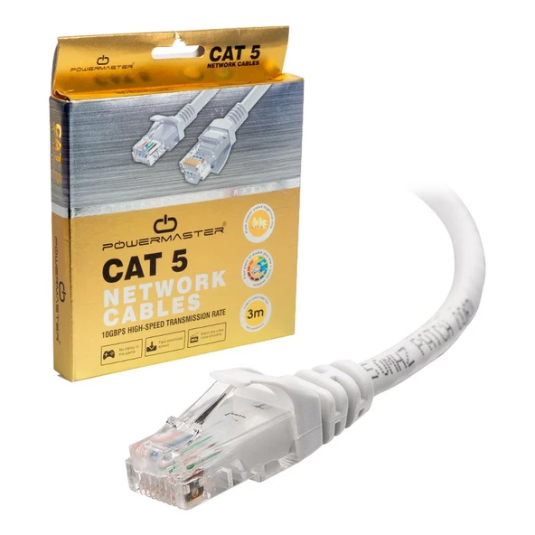 Powermaster PM-7959 Gri Cat5 3 Metre Ethernet Network Kablosu Jack Soketli Hazır İnternet Kablosu