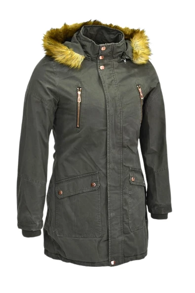 Kadın Büyük Beden Spor Kanvas Kapüşonlu Parka M5300 BGL-ST03987 - Resim 5
