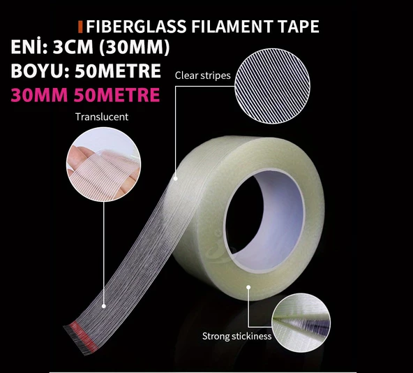 LİFLİ BANT, LİFLİ FLAMENT BANT, Fibrous Flament Tape, 30MM, 3CM, 50METRE