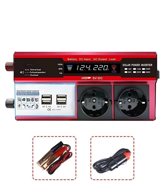 12v 2000w Modifiye Sinus İnverter Araç Ve Güneş Enerjisi Uyumlu, Çift Usb, Çift Priz Ve Çakmaklık