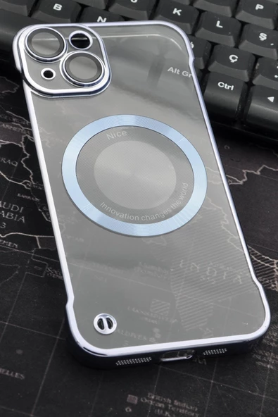 iPhone 13 Uyumlu Mavi Renkli İnce Kenarlı Şeffaf Sert Kapak Kılıf ürün görseli