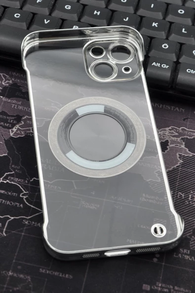 iPhone 13 Uyumlu Gümüş Gri Silver Renkli İnce Kenarlı Şeffaf Sert Kapak Kılıf - Resim 5