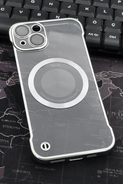 iPhone 13 Uyumlu Gümüş Gri Silver Renkli İnce Kenarlı Şeffaf Sert Kapak Kılıf ürün görseli