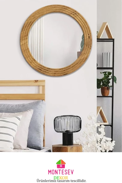 Antik Ahşap Dekoratif Ayna Yuvarlak Ayna Duvar Aynası Banyo Lavabo Aynası - 43 Cm - 2