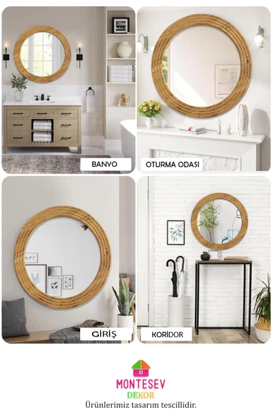 Antik Ahşap Dekoratif Ayna Yuvarlak Ayna Duvar Aynası Banyo Lavabo Aynası - 43 Cm - 5