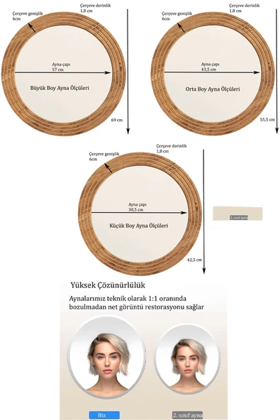 Antik Ahşap Dekoratif Ayna Yuvarlak Ayna Duvar Aynası Banyo Lavabo Aynası - 43 Cm - 7