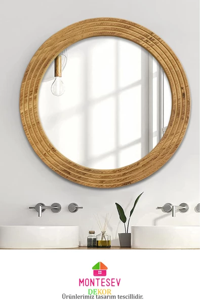 Antik Ahşap Dekoratif Ayna Yuvarlak Ayna Duvar Aynası Banyo Lavabo Aynası - 56 Cm - 3