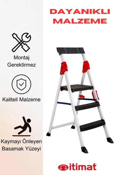 İtimat Extreme Kaliteli 2 basamak +1 Plastik Basamaklı Merdiven Hafif, Kolay Taşınabilir Ev Tipi, Mutfak ve İş - 3