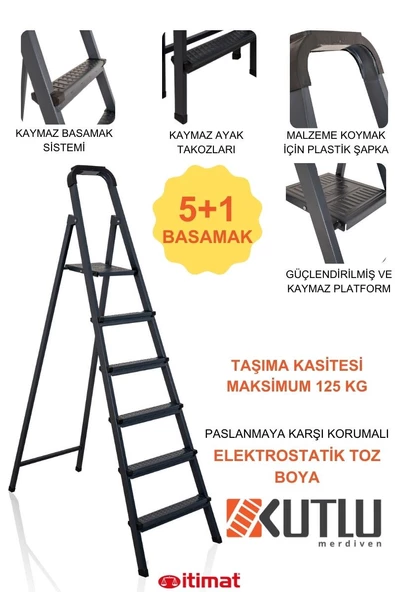 KUTLU Metal Kaliteli 5 Basamaklı +1 Ev Tipi, İş yerine Uygun Özel Tasarım Hafif Merdiven