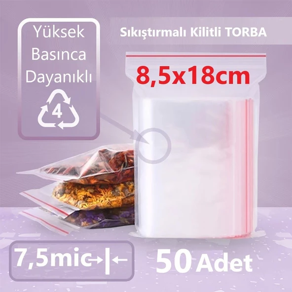 Kilitli Şeffaf Torba 8,5x18 Cm Aksesuar,Madeni para,Boncuk ve Buzdolabı Saklama Poşeti (50adet)