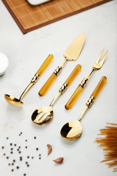 5 Parça Gold Servis Seti & Servis Sunum Seti Amber ( Kepçe / Kevgir / Sıpatula / Çatal / Kaşık ) - 2