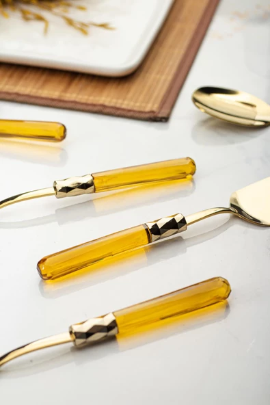 5 Parça Gold Servis Seti & Servis Sunum Seti Amber ( Kepçe / Kevgir / Sıpatula / Çatal / Kaşık ) - 4