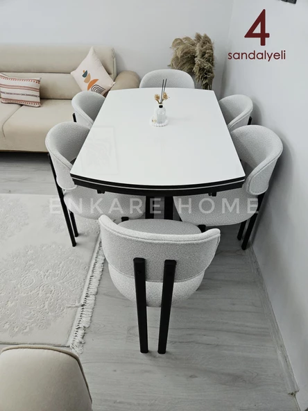 X Ayaklı Gloss Masa & Badem Sandalye - 4 Sandalye 1 Masa - Açılabilir Masa - 5