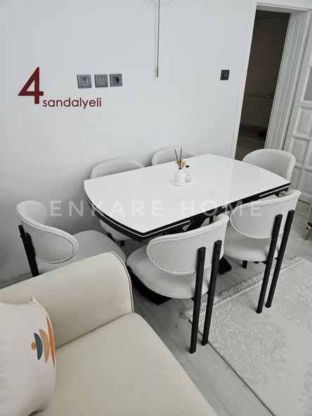 X Ayaklı Gloss Masa & Badem Sandalye - 4 Sandalye 1 Masa - Açılabilir Masa - 4