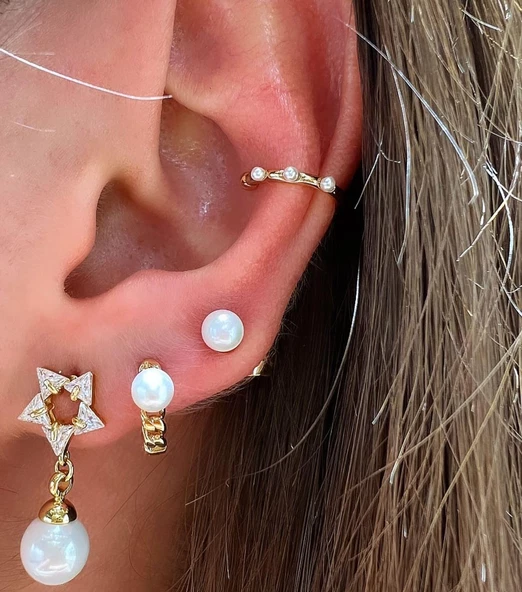 İNCİLİ MİNİ SIKIŞTIRMALI KIKIRDAK KÜPE - Resim 5