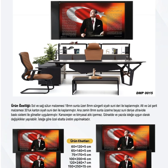 DERİ ÜZERİ UV BASKILI ÇERÇEVELİ MAKAM ATATÜRK PANOSU 14-100*200