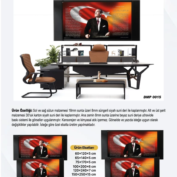 DERİ ÜZERİ UV BASKILI ÇERÇEVELİ MAKAM ATATÜRK PANOSU 14-60*120