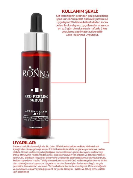 Ronna Beauty Akneli Cilt Düzenleyici Red Peeling Serum 30 ml AHA 15%+BHA 2% pH3.8 - 4