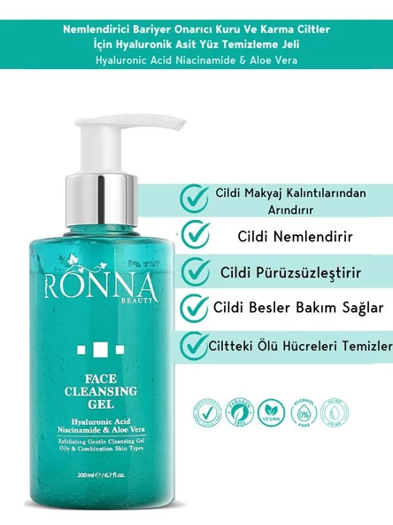 Ronna Beauty Besleyici Ve Onarıcı Temizleme Jeli Face Cleasing Gel 200 ml Hyaluronic Acid Niacinamide - 2