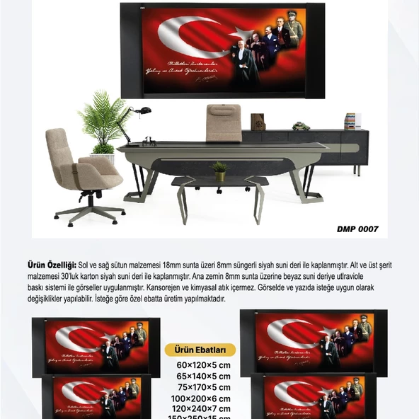 DERİ ÜZERİ UV BASKILI ÇERÇEVELİ MAKAM ATATÜRK PANOSU 6-150*250
