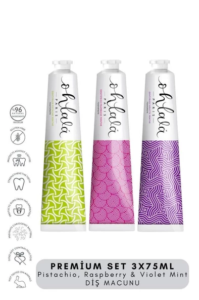 Ohlala Pistachio, Raspberry&Violet Mint Premium Set 3 x 75 ml Diş Macunu Seti