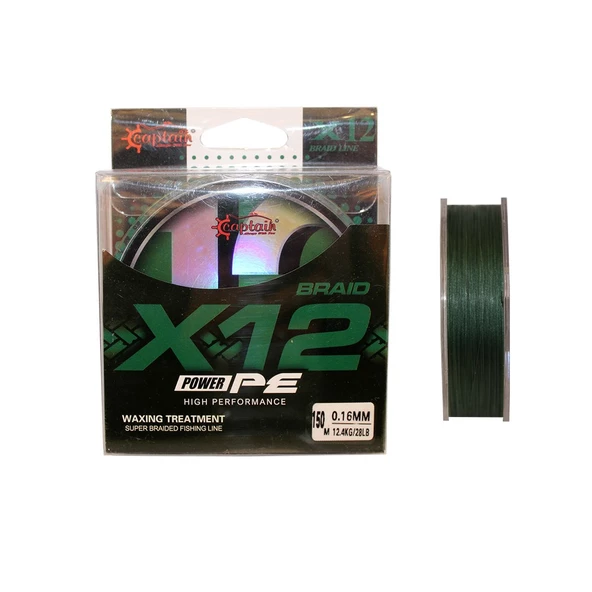 Captain X12 Power PE 12 Örgü Spin İp Misina 150mt Dark Green  0.18 mm
