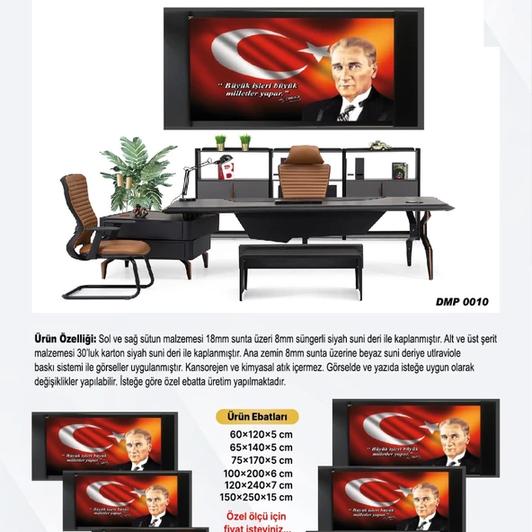 DERİ ÜZERİ UV BASKILI ÇERÇEVELİ MAKAM ATATÜRK PANOSU 9-150*250