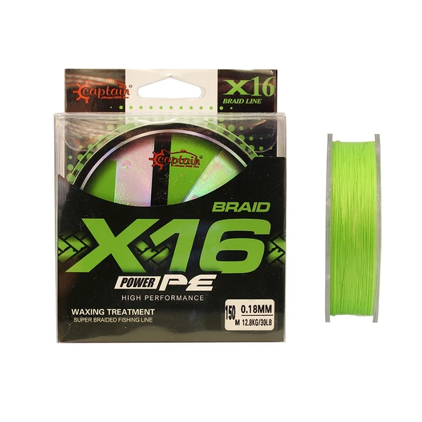 Captain X16 Power PE 16 Örgü Spin İp Misina 150mt Light Green  0.18 mm