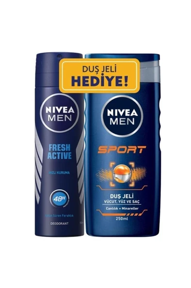 Nivea Men Fresh Active Erkek Deodorant Sprey 150 ml+Sport Erkek Duş Jeli 250 ml